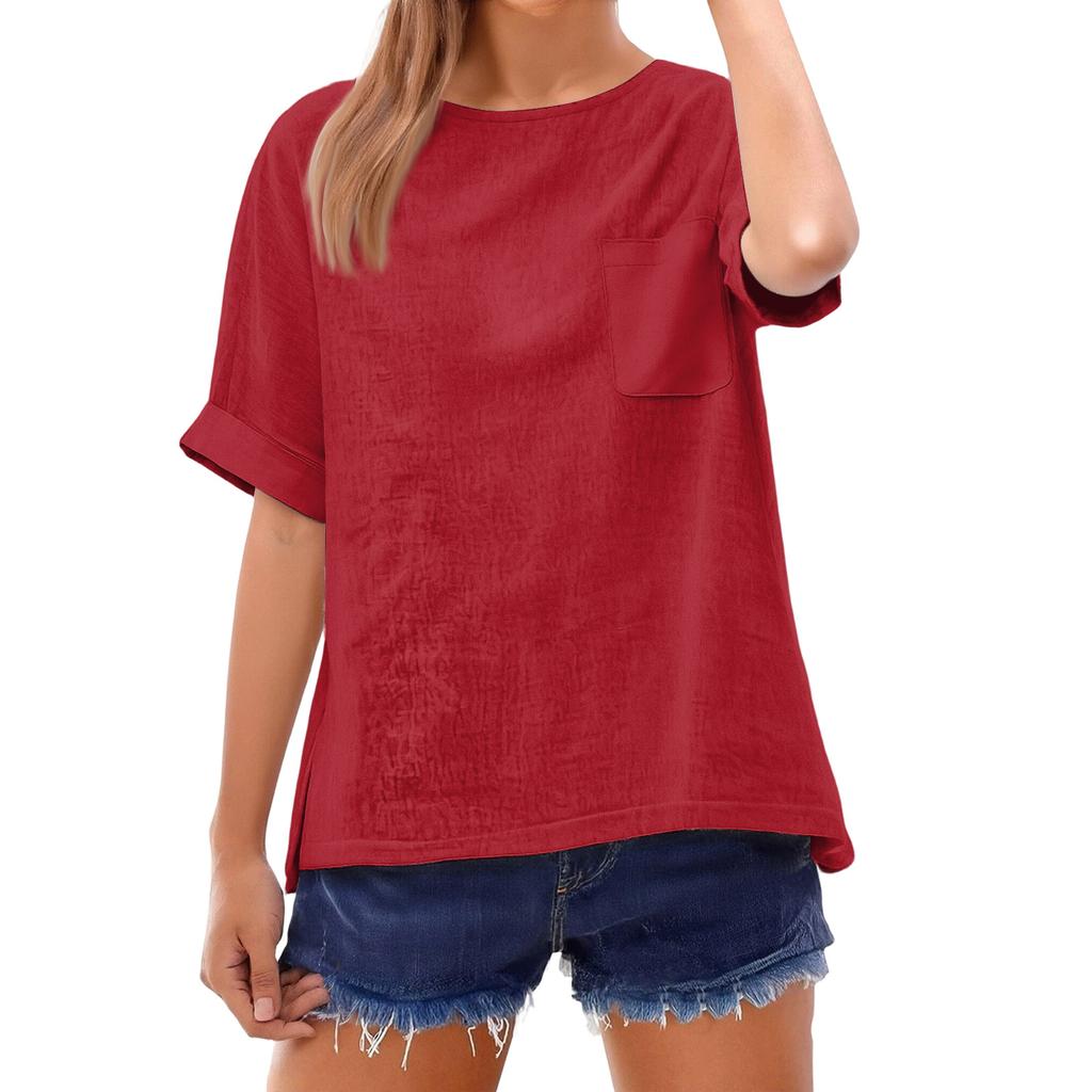 Fashionable Color Short Sleeve T-Shirt With Pocket Design, Fashionable Round Neck Lightweight Top For Women