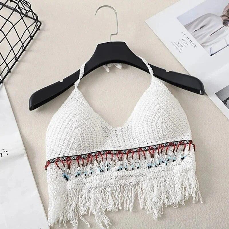 Sexy Boho Beach Holiday Košilka Halter Ženy Háčkování Pletené Plavky Podprsenka Vesta bez zad s dutým střapcem Tílko Dámské Crop Tops