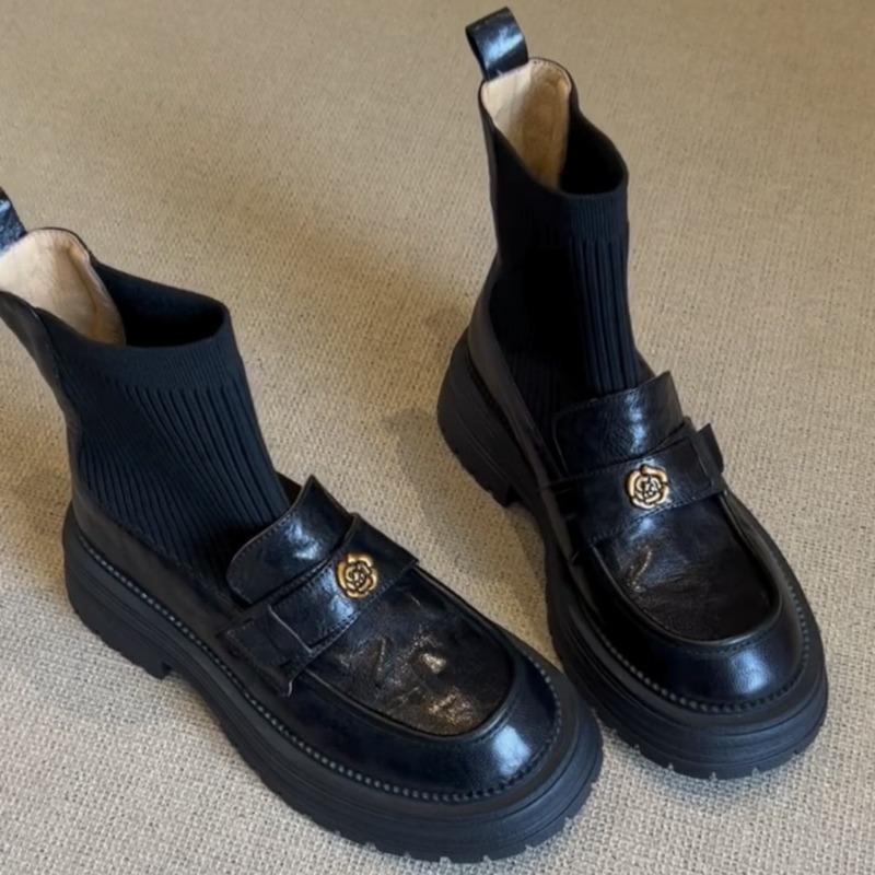 Camellia Knitted Elastic Lazy Thick Heel Women's Thin Boots Retro Style Thick-soled British Short Socks Boots