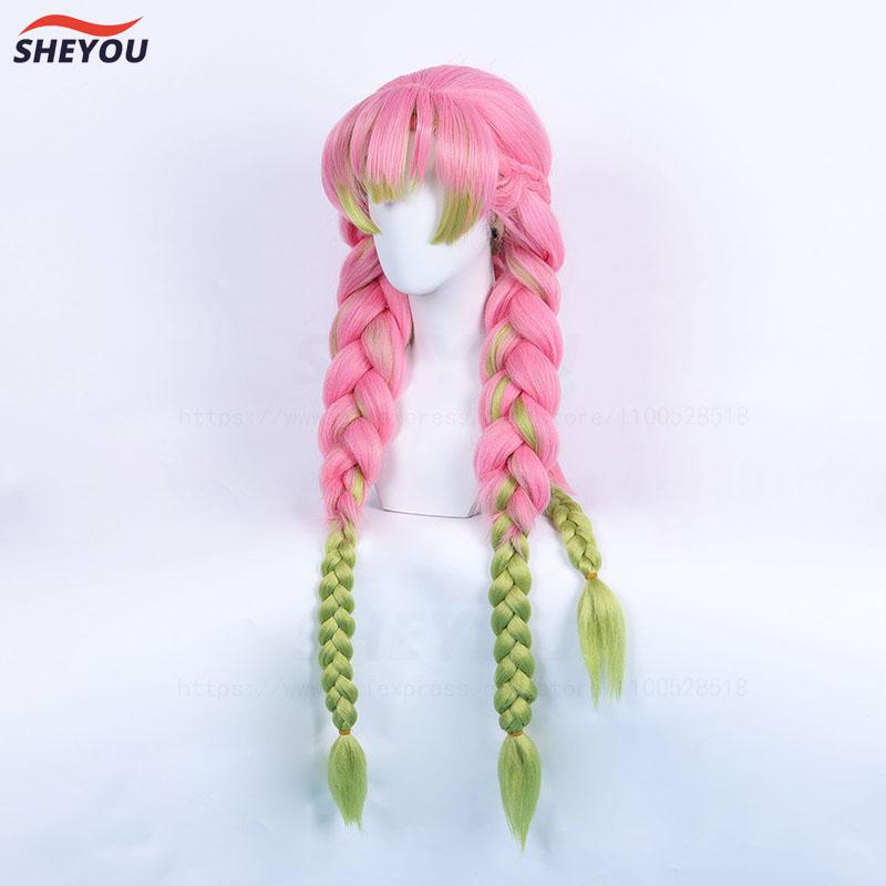 Anime Mitsuri Kanroji Cosplay Wig Long Pink Green Braid Heat Resistant Hair Authentic Cosplay Wigs + Wig Cap