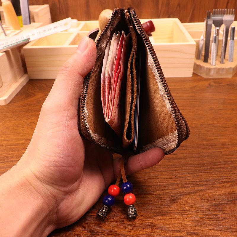 Head Layer Cowhide Wallet for Men, Vintage Vintage Vintage Tanned Leather Wallet for Women, Minimalist Japanese Zipper Wallet