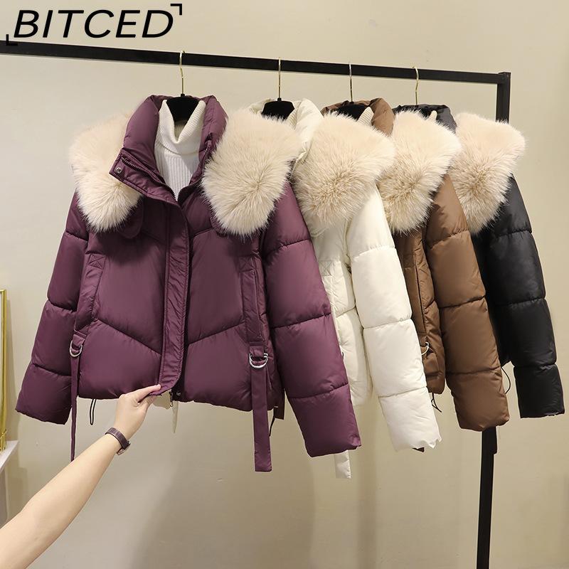 BITCED Winter Fashion Oversized Thick Cotton Coat with Stylish Large Fur Collar Down-Filled Cotton Jacket Slimming Women's Cotton Coat