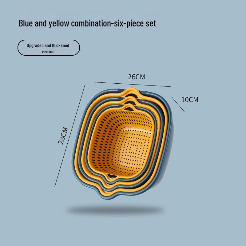 Six-Piece Colorful Double-Layer Kitchen Basket Set for Washing Vegetables & Fruits