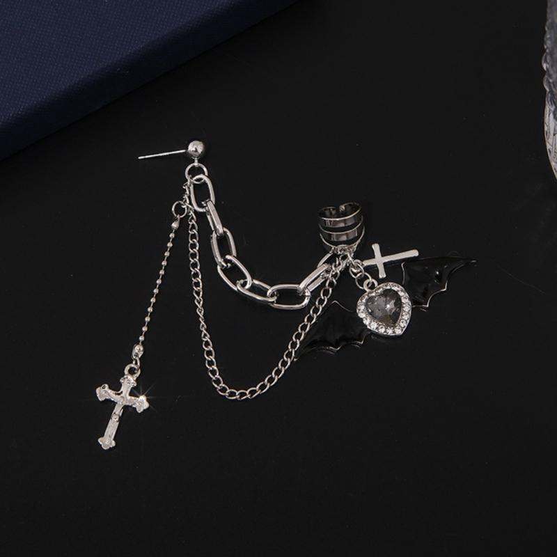 Goth Punk Halloween Devil Stud Earrings Women Rhinestones Crossed Chain Ear Clip Halloween New Year Costume Accessories