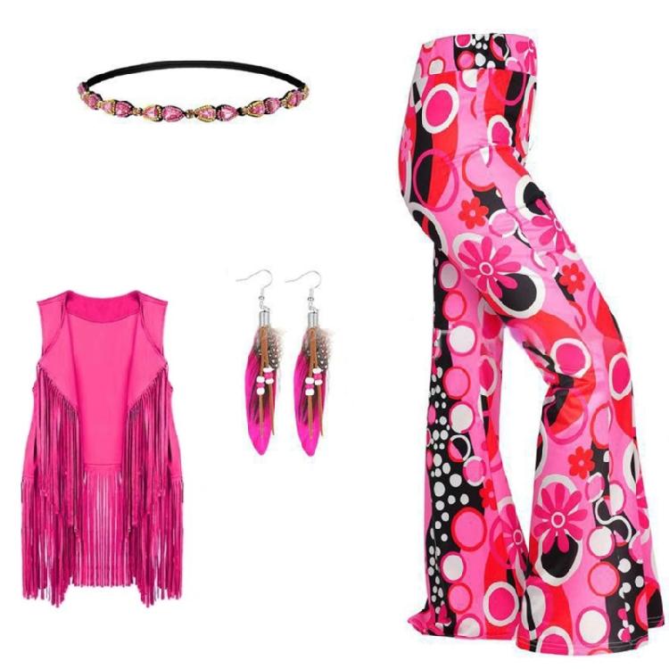 Bold Color Hippie Costume 5 Piece Set Fashion Hair Decoration Fringe Vest Pants Bandana For 1970s Themed Celebrations