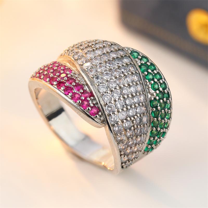 Vintage Inlaid Red Green White CZ Women's Ring Luxury CopperColor Geometry Daily Wear Party Jewelry Anniversary Gift