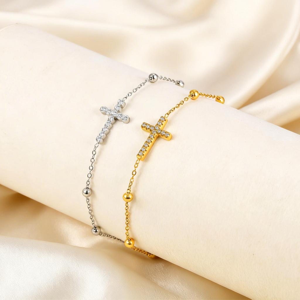 Vnox Stainless Steel Round Seed Beaded Zircon Cross Bracelet Religious Cross Charm Bracelets Trendy Accessory Jewelry Gifts