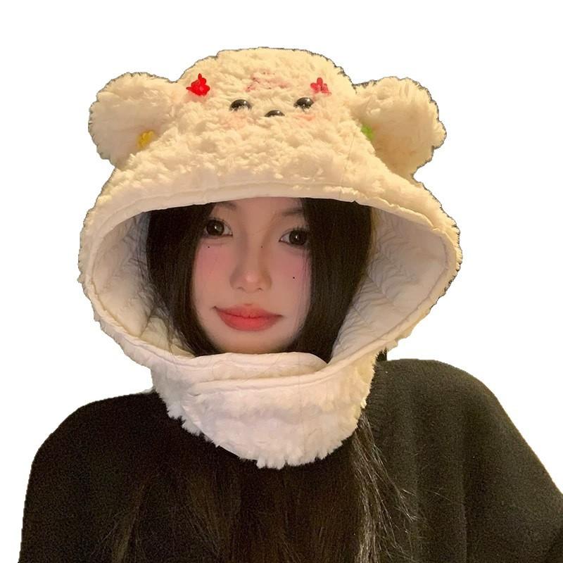 Cute bear hat scarf integrated women's autumn and winter thickened warm plush ear protection hat double-sided pullover Lei Feng hat