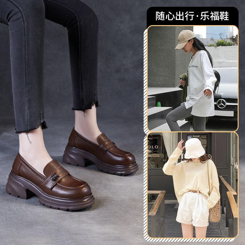 Versatile British platform loafers leather heightening solid color one-pedal small leather shoes Velcro jk single shoes