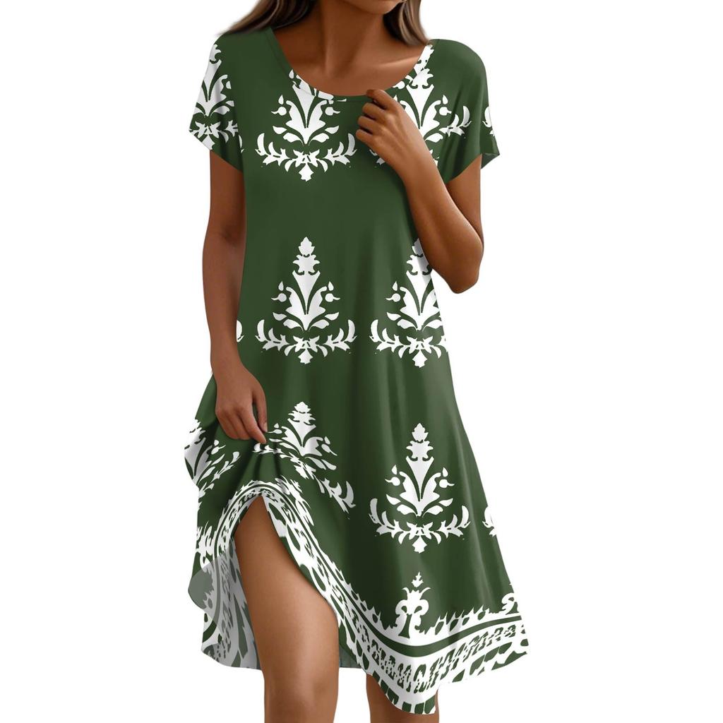 Women's Summer Short Sleeve Round Neck Floral Print Bohemian Dress With Pockets