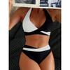 Women's Red and Black Color Block Halter Cross Wrap High Waisted Bikini Set