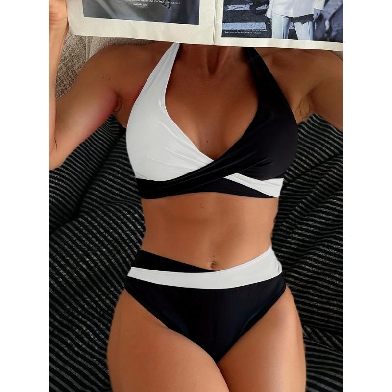 Women's Red and Black Color Block Halter Cross Wrap High Waisted Bikini Set