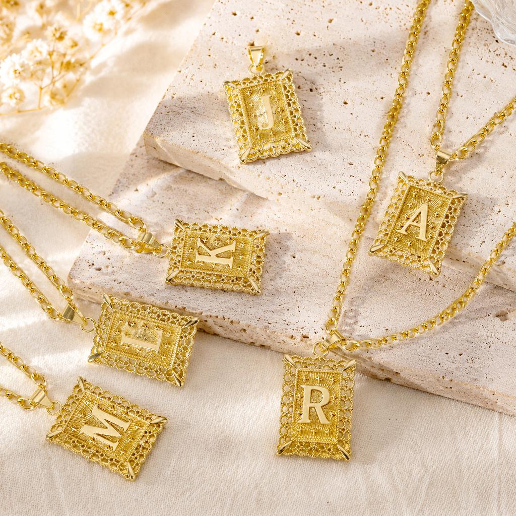 Vintage Square Hollow 26 Letter Pendant Necklace,Gold Plated Figaro Chain Personalized Jewelry for Men Women