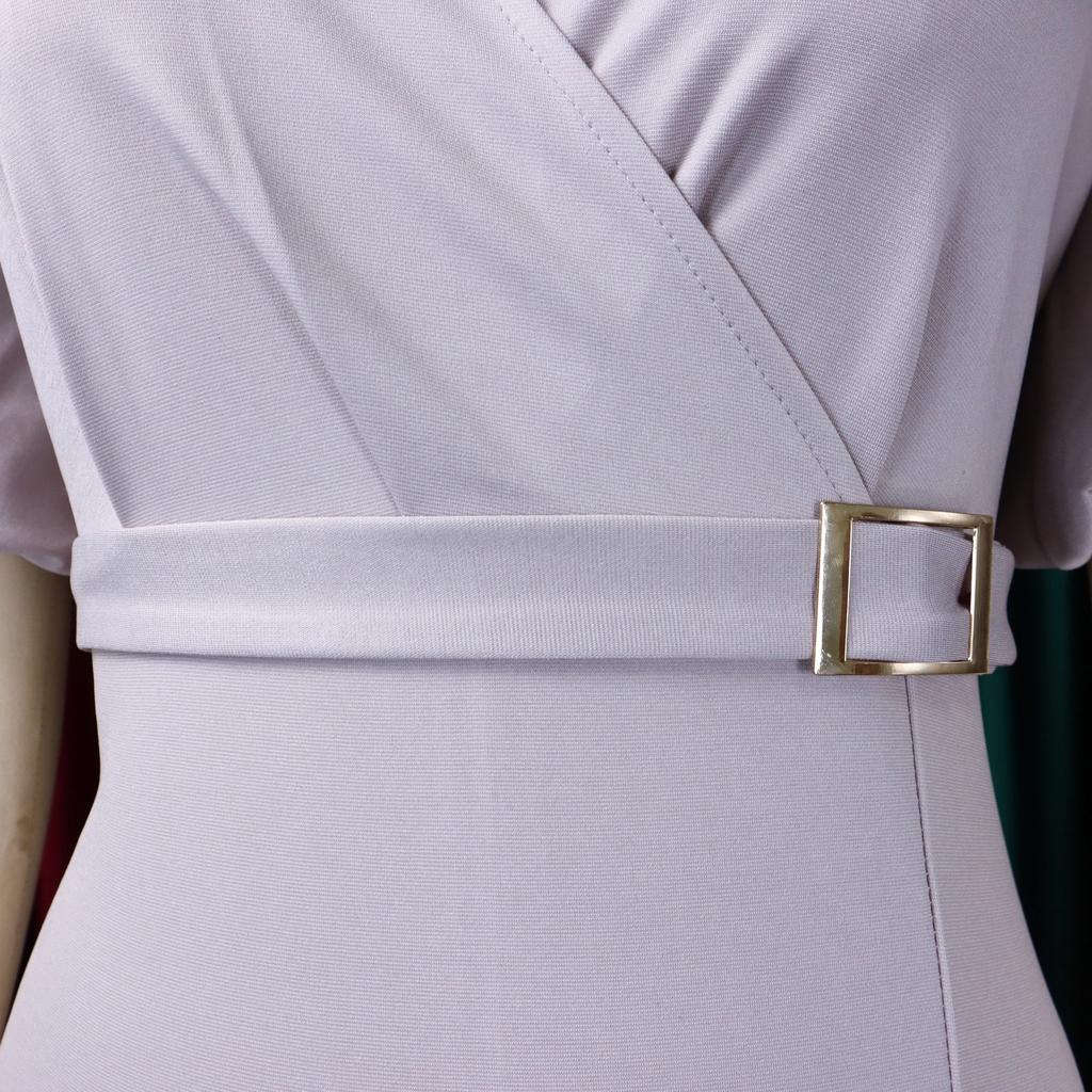 Office Ladie Bodycon Dresses V Neck Short Sleeve Solid Package Hips Mid Calf Professional Business Work Robe Dress