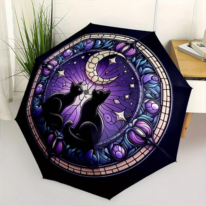 1pc a Portable Umbrella Featuring a Stained Glass Design of a Cat And Moon: A Folding Umbrella for All Seasons,Built with a Sturdy Iron Fram