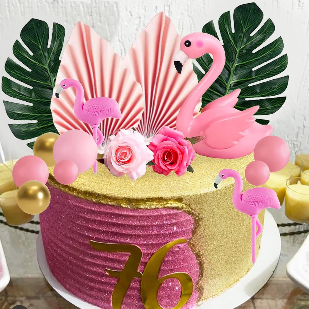 Flamingo Cake Decoration Palm Leaves Cake Topper Gold Pink Balls Cake Decor Rose Cake Topper Flamingo Tropical Party Supplies