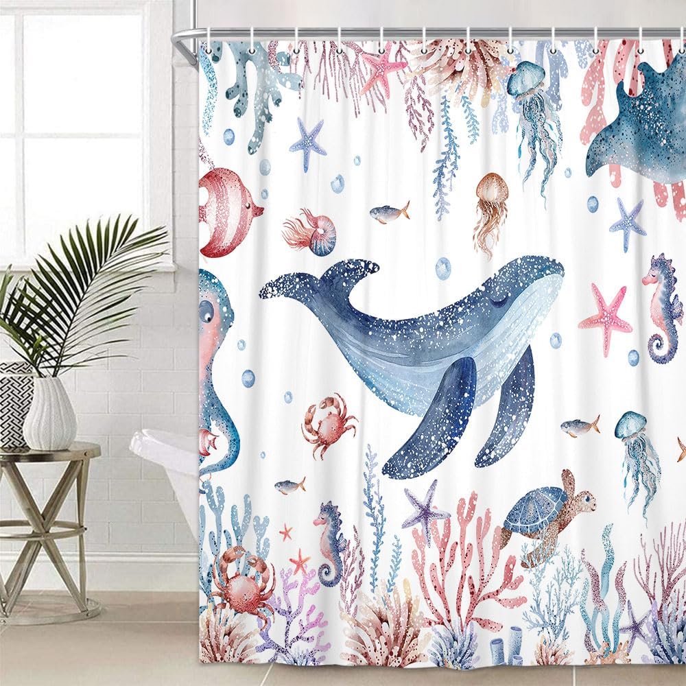

Shark Shower Curtain, Blue Azure Boho Ocean Fish Shower Curtain Abstract Underwater Animal Cartoon Bathroom Curtain with Colorfu 120x180cm