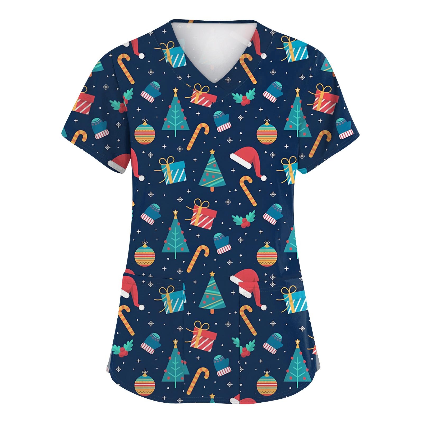 

Женские модные топы с коротким рукавом, рождественским принтом, V-образным вырезом, карманом, рабочая одежда XXL