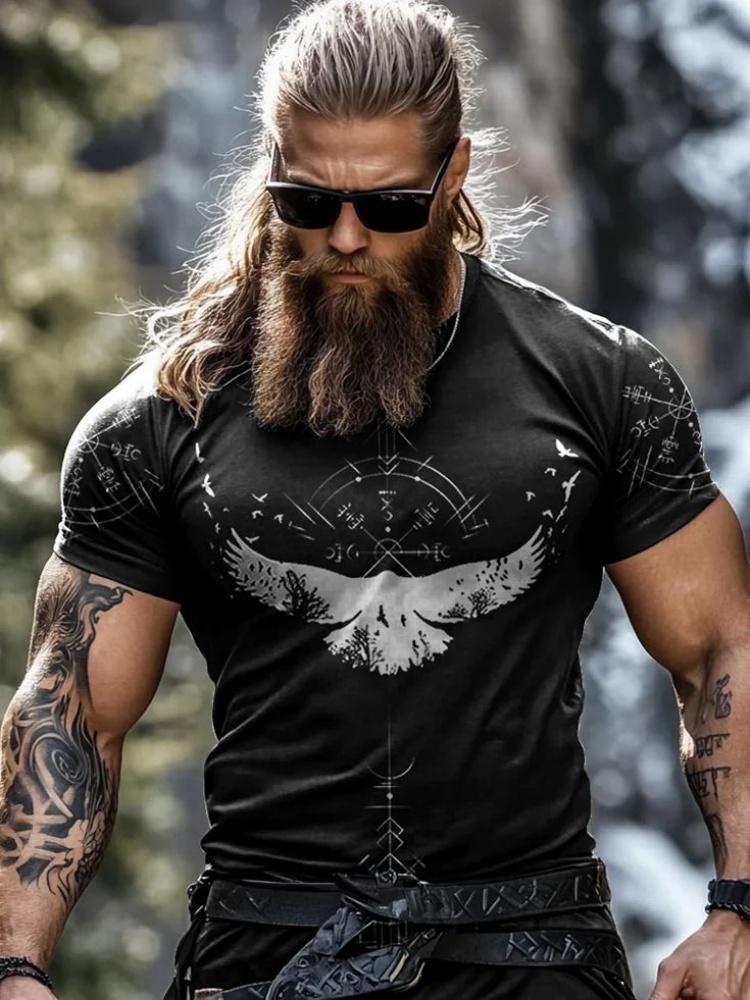 Outdoor Fashion Men's T-shirt with 3D Print of Tribal Style Wolf Pattern, Short Sleeve, Fitness and Sports Round-neck Top