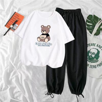 Mode Wenig Bär Kurzarm Casual Sportswear Anzug Frauen Casual Breite Bein HosenZwei-stück Sommer Lose Sport Anzug