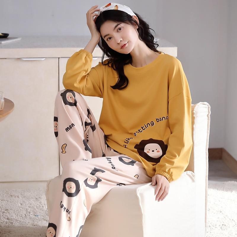 

Весенне-осенняя женская домашняя одежда с длинными рукавами, пижама с круглым вырезом, женский принт с рисунком в виде мультфильма, милый цветочный костюм для отдыха free45-73kg жёлтый