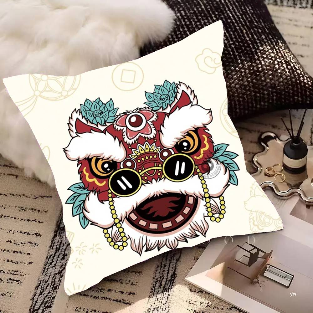 Classic Traditional Dancing Lion Animated Cartoon Pillow Case Fashion Square Pillowcase Bedroom Sofa Room Ins Decoration Leisure