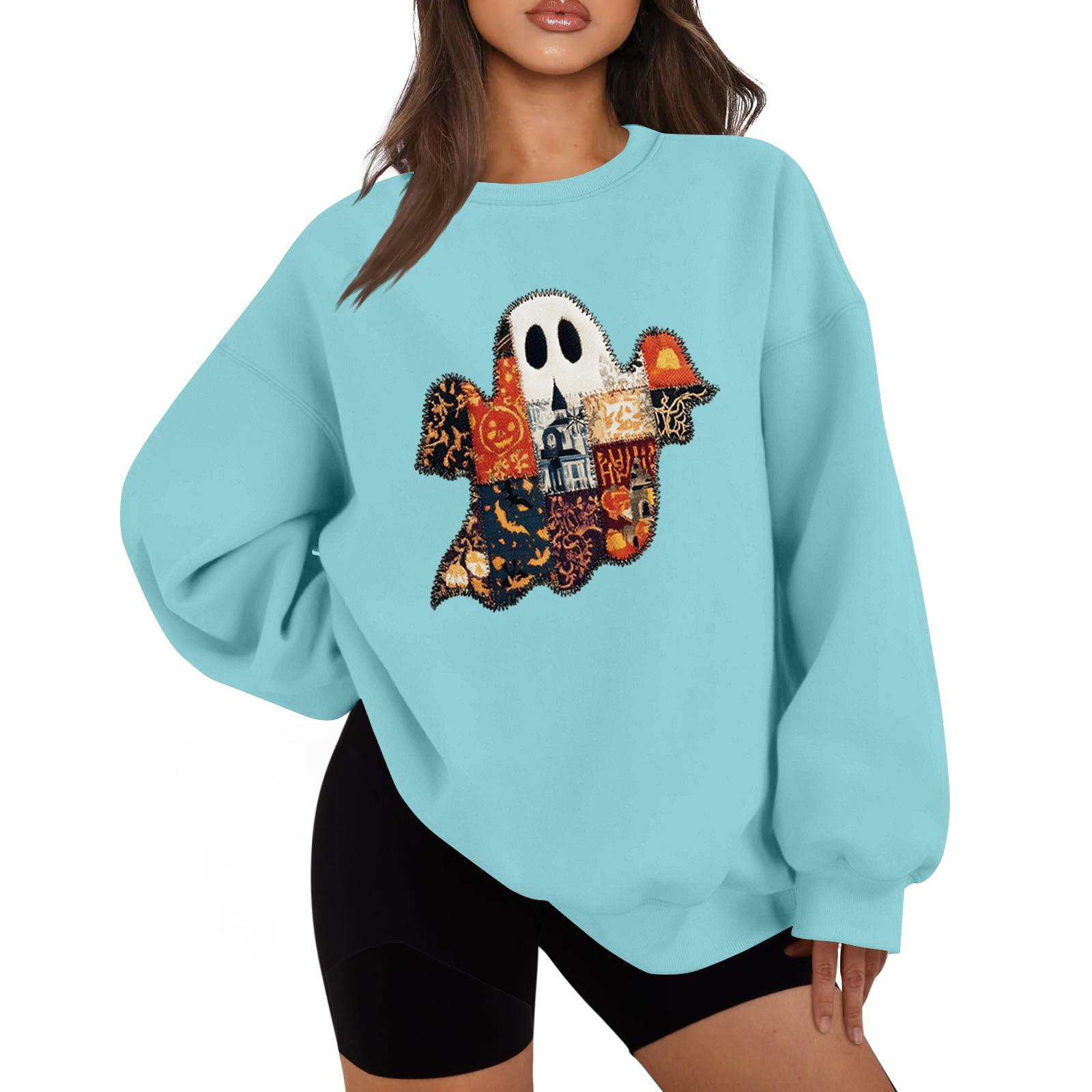 

Женская мода повседневная блузка с длинным рукавом и принтом на Хэллоуин с круглым вырезом XL