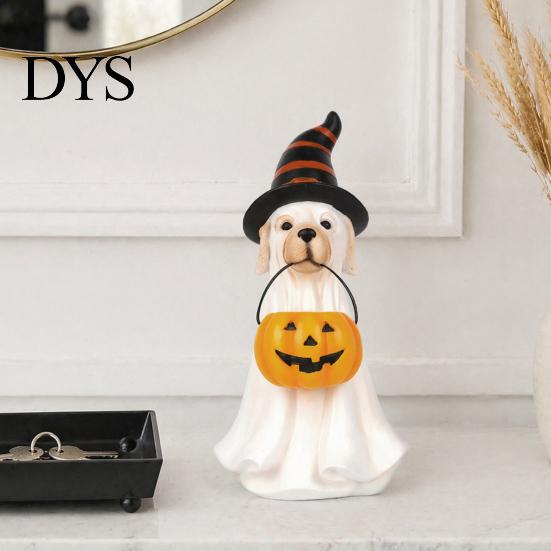 Accenti Decorativi per Halloween, Statuetta Cane Fantasma, Statua in Resina Zucca con Cappello da Mago, Carino Decorazione da Tavolo, Bomboniere per Ingresso, Bar, Finestra, Festa, Adorabile