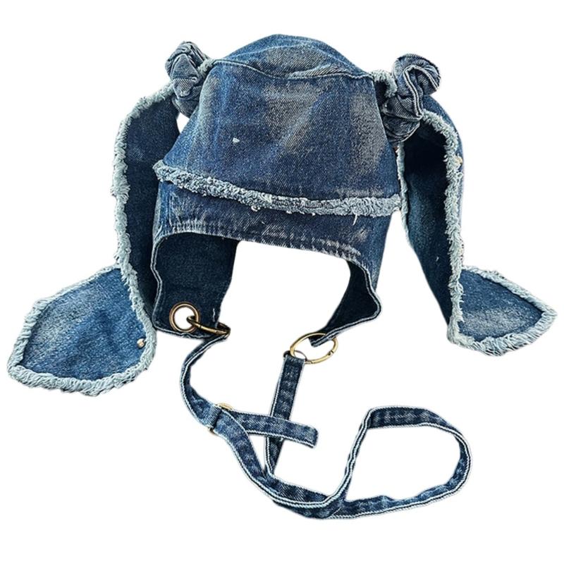 

Ripped Pullover Hat with Rabbits Ears Sunproof Caps Outdoor Activity Hat Adjustable Strap Caps for Women Girl Everyday Use
