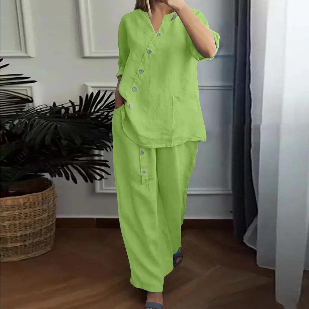 Women's Casual Cotton And Linen Set With Three Quarter Sleeves, Top And Wide Leg Pants, Two-piece Set