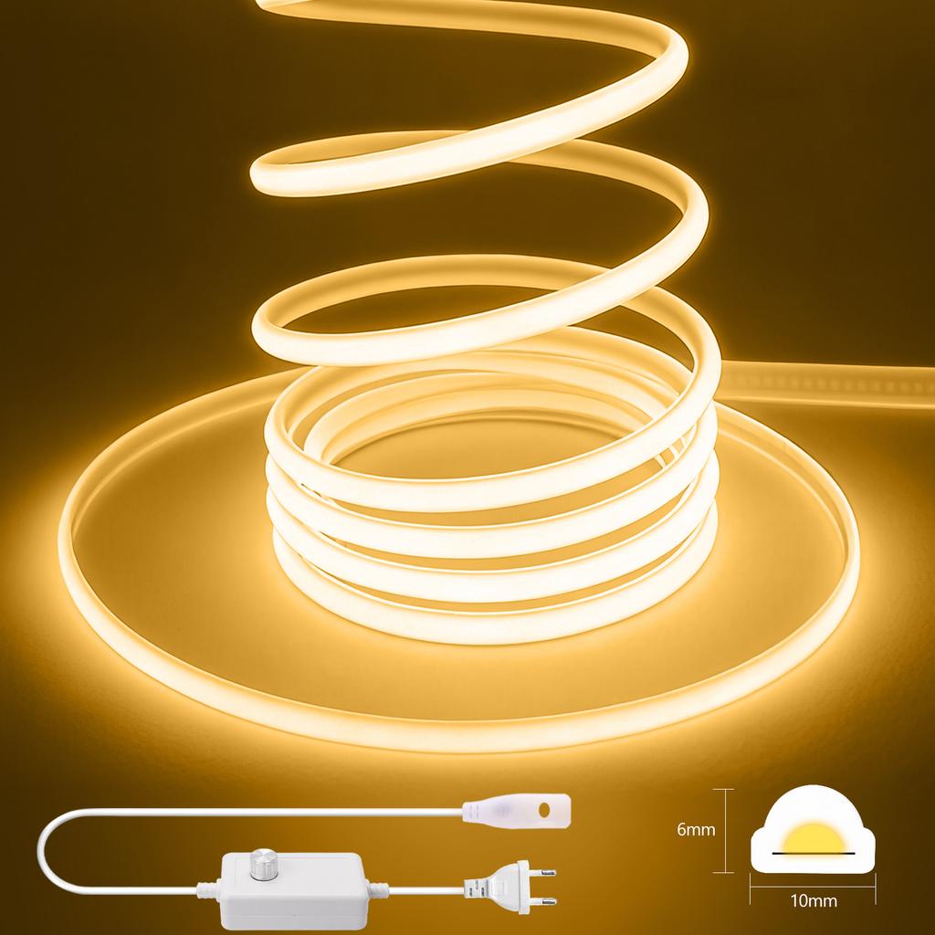 Dimmable 220V COB LED Neon Strip Light 288Leds/M With Switch/Dimmer EU Power Kit Flexible Tape Waterproof Lamp Garden Home Decor