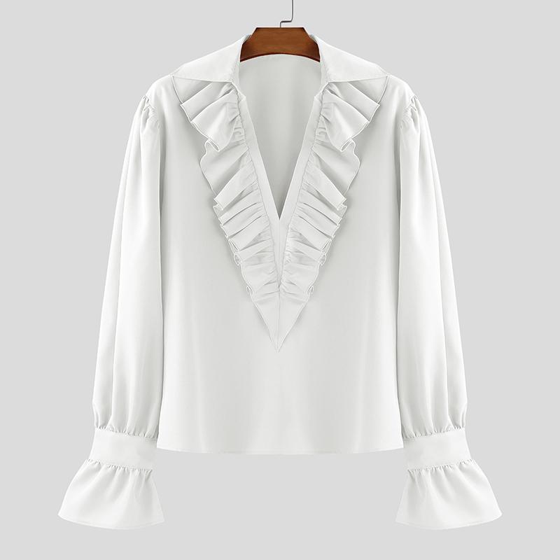 

INCERUN Элегантные мужские рубашки оверсайз с V-образным вырезом, длинным рукавом и рюшами, повседневные, свободного кроя S белый