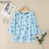 ZANZEA Women Casual Round Neck Loose 3/4 Sleeve Print Blouse