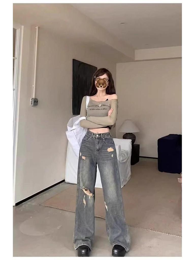 Women's Hong Kong-Style High-Waist Retro Ripped Jeans - Petite, Versatile, Slimming, Loose, Hip-Covering, Straight, Wide-Leg Pants