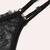 Women V-Neck Floral Lace  Bra Open Crotch Thong Black Lingerie Set S-2XL