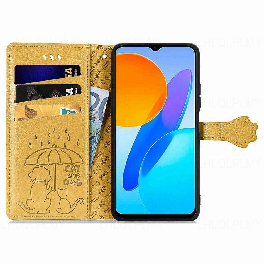 Beskyttelsesetui i lær med flip for Honor 400 Lite Magic 7 Pro X8C X9C Smart X5B Magic7 Lommebokdeksel med katt- og hundemotiv