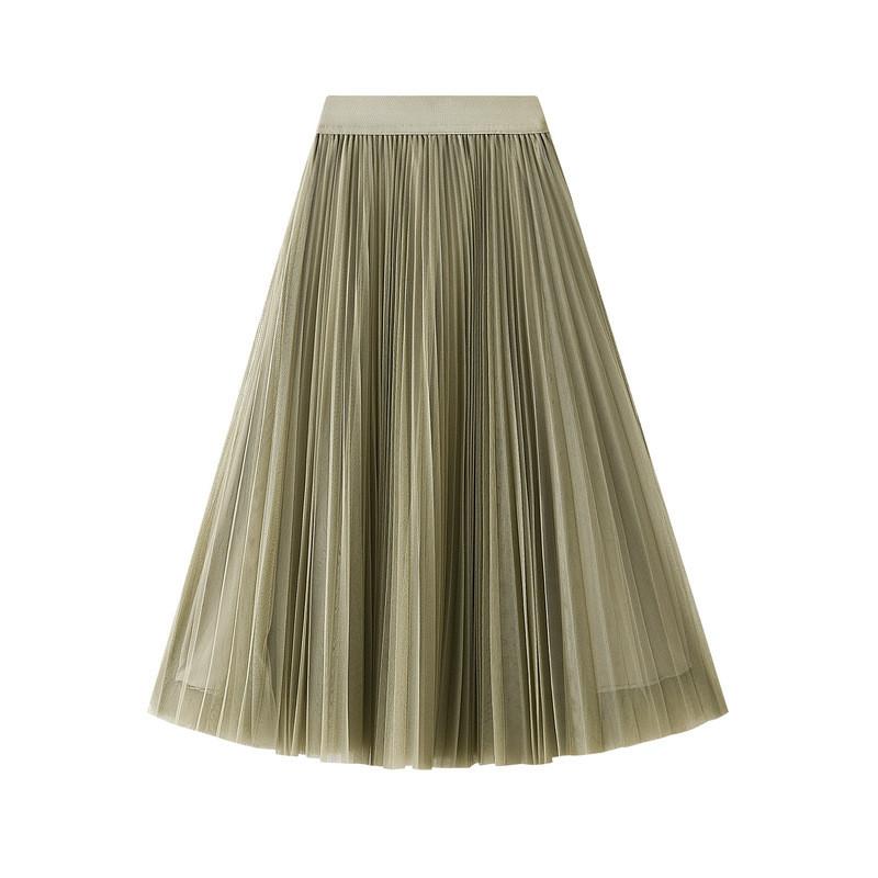 Qooth Elegant Women A Line Tulle Pleated Skirt Wide Hem Mid Length Elastic Waist Casual Skirt QT2691