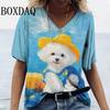 Cartoon T-shirt Women's Short Sleeve Summer Outdoor Casual V-Neck Short Sleeve Tops Oil Painting Puppy Print Plus Size Clothing