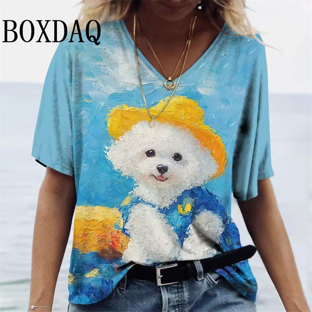 Cartoon T-shirt Women's Short Sleeve Summer Outdoor Casual V-Neck Short Sleeve Tops Oil Painting Puppy Print Plus Size Clothing