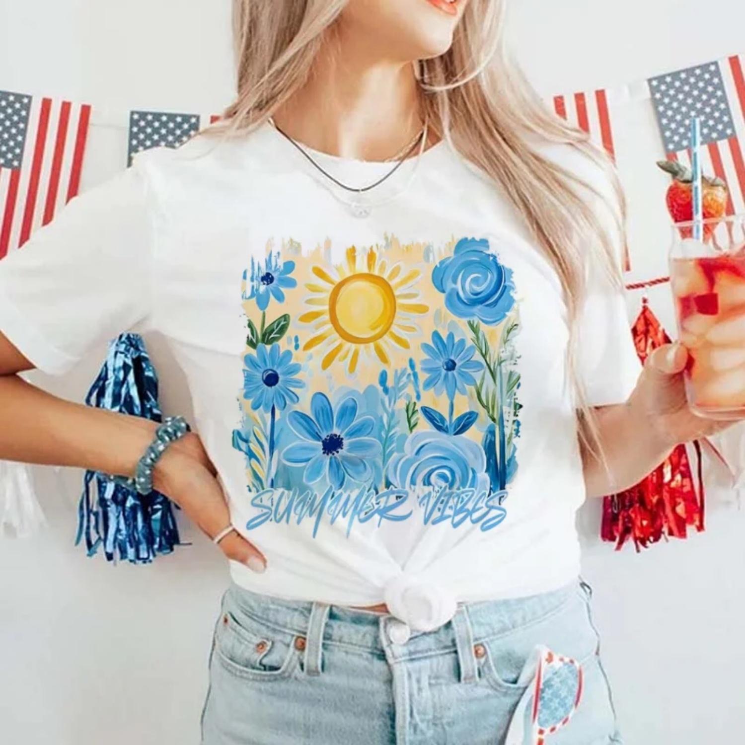 Summer Fashion Women s Casual Clothing Cute Printed Flower Cartoon Pattern Short Sleeved Regular Printed Versatile T-Shirt S