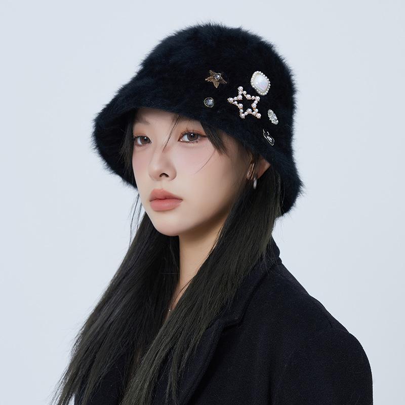Autumn and winter light luxury rhinestone thickened and enlarged rabbit hair wool hat women's fashion light luxury warm ear protection bucket hat