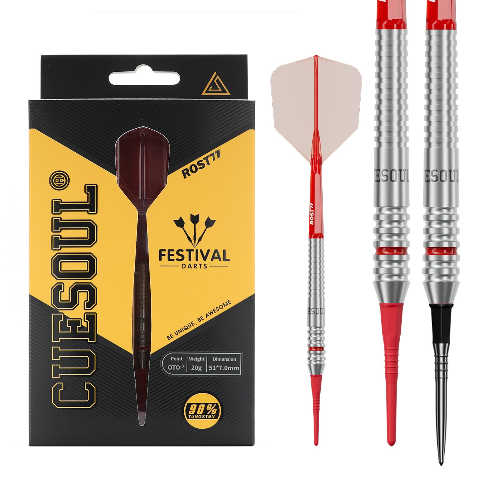 CUESOUL FESTIVAL Series 90% Tungsten Darts Set OTO Small Thread Tip Barrel 20g red soft tip CSDP-BS116-M3