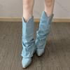 Fashion Comemore Women Pleats Blue Denim Mid-calf Boots Autumn Thick Heeled Pointed Toe Cowboy Botas Woman Slip On Western Long Boots