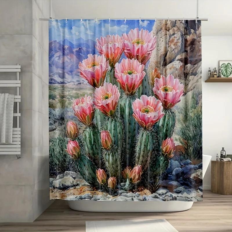 

Shower Curtain - Vibrant Pink Cactus,Polyester, 12 Hooks, Summer Bathroom Decor W60H190(CM)-1 Pcs