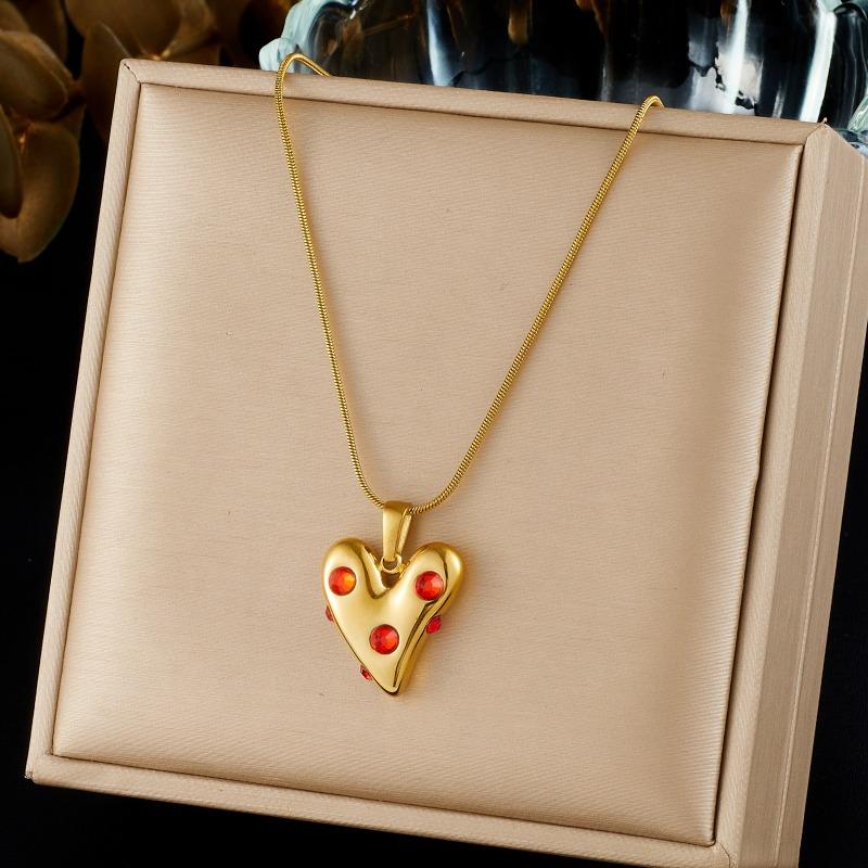 Gold Snake Bone Chain Necklace with Red Crystal Heart Pendant for Women