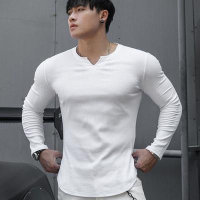 Trådad Slim Base Skjorta Långärmad T-shirt Herr V-ringad Enfärgad Stretch Fitness Underkläder Sportträning