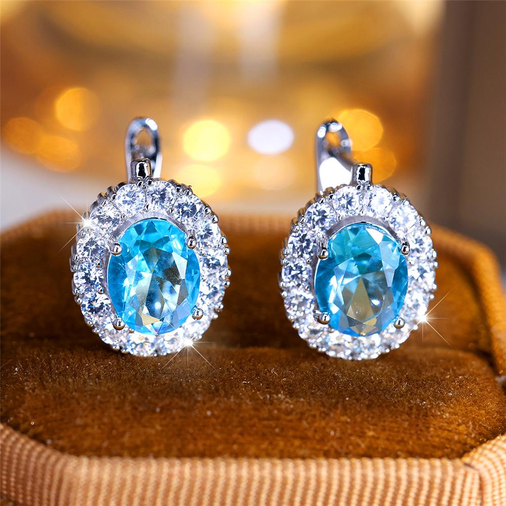 Cute Small Blue Green Purple Zircon Stone Hoop Earrings For Women Charm Female Silver Color Wedding Jewelry Gift