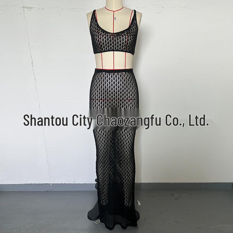 Holiday Hollow Out Long Dress & Sexy Bikini Set - Beach Cover-up with Sun Protection & Bandage Design