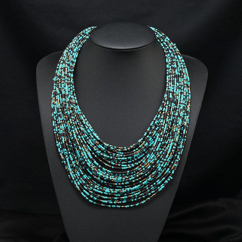 Bead Exaggerated Multi-Layer Ethnic Style Short Women s Necklace Blue Black