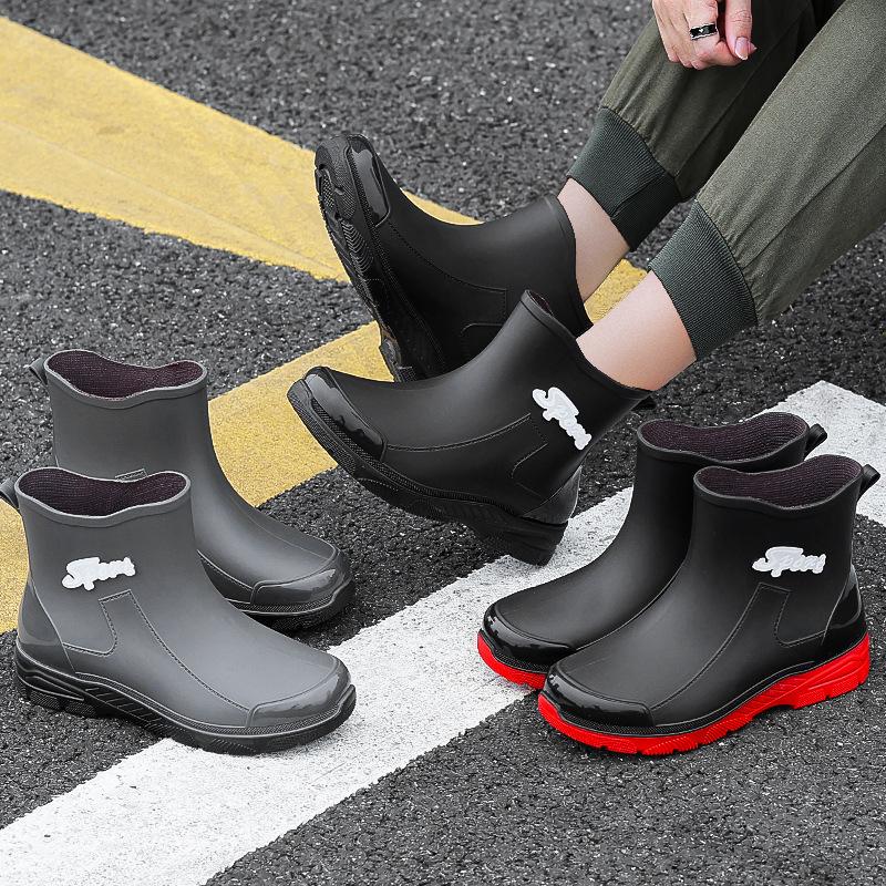Fashion men's rain shoes medium tube rain boots non-slip short tube velvet fishing work shoes